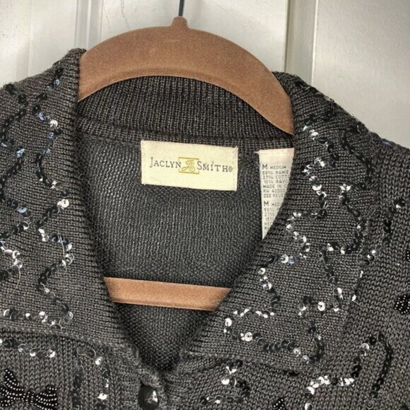 Vintage Jaclyn Smith Black Knit Sequin Beaded Bow Collared Coquette Cardigan - Picture 2 of 7